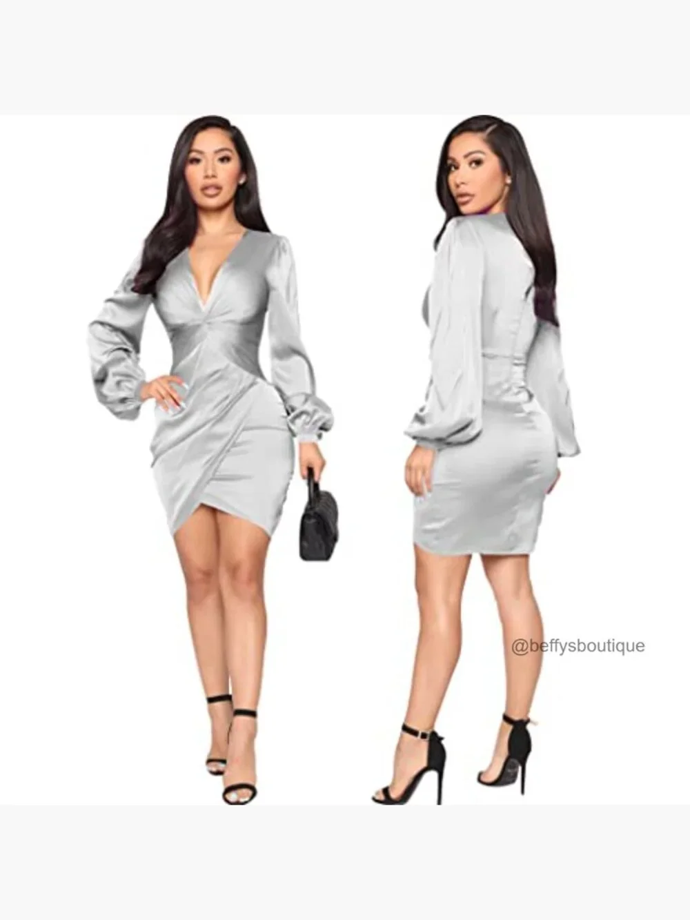 Twist Front Bodycon Midi Dress Long Sleeve Ruched Party Dress - Picture 5 of 7